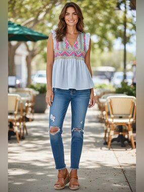 Savanna Jane Blue Tunic Top with Pink & Turquoise Embroidery